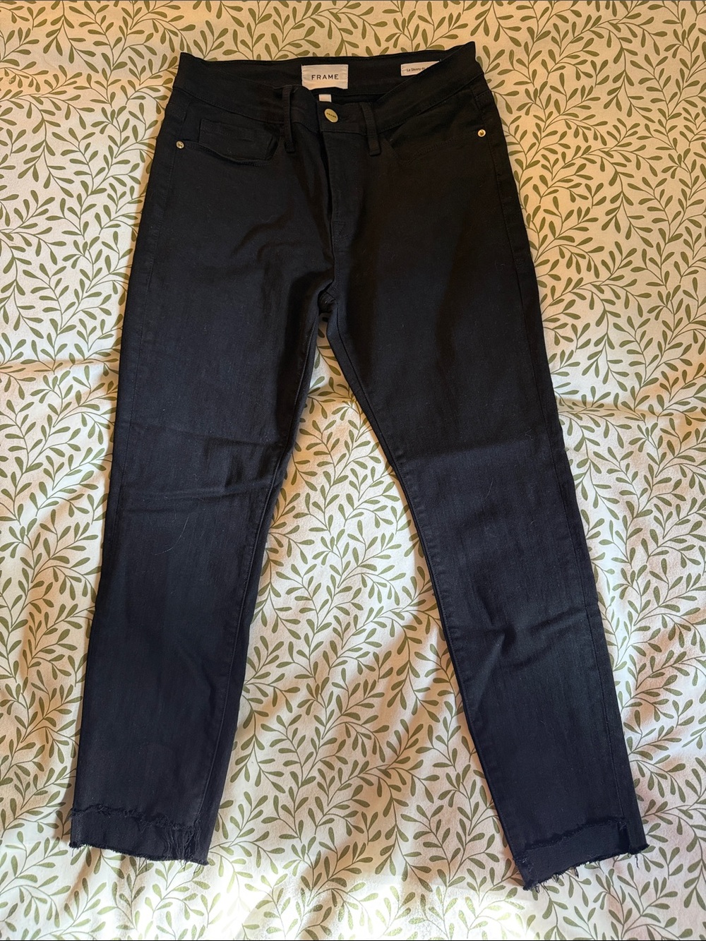 Frame Denim Black Cropped Slim Straight Jeans with Raw Hem